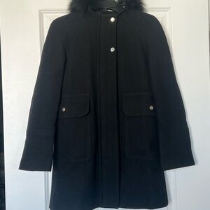 Zara Elegant Black Pea Coat with Fur Trim